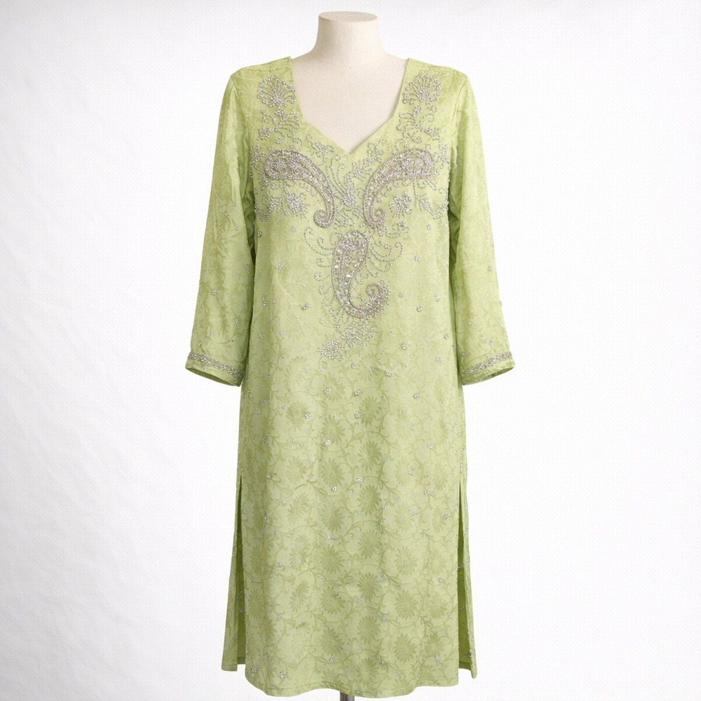 Silk Sequin Paisley Kurti Tunic Dress Size L Lime Green Floral Embellished Lined